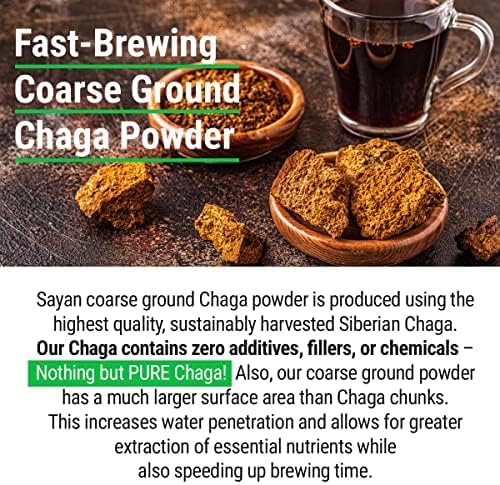 Sayan Siberian Raw Coarse Chaga Powder 4 Oz (113g) Wild Harvested Mushroom Tea, Powerful Adaptogen Antioxidant Supplement for Immune System and Digestive Health