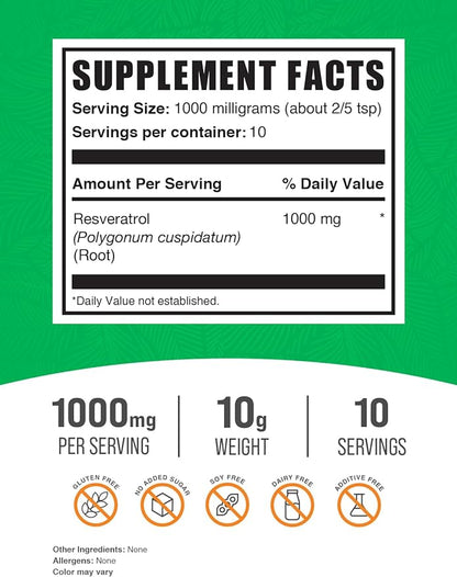 BulkSupplements.com Resveratrol Powder - Resveratrol Supplement, Polygonum Cuspidatum, Resveratrol 1000mg - Antioxidant & Gluten Free, 1000mg per Serving, 10g (0.35 oz) (Pack of 1)