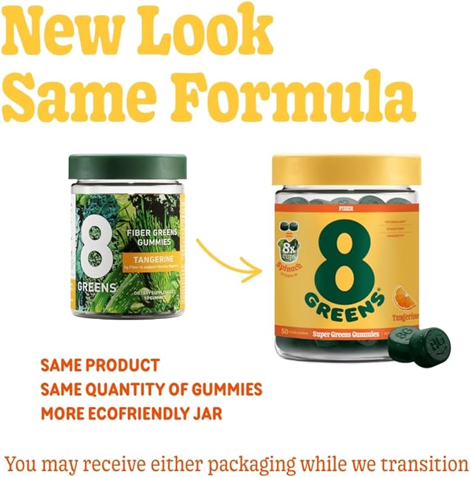 8Greens Daily Fiber Super Greens Gummies - Tangerine Flavor: Boost Immune System & Digestive Health with 8 Real Greens - Non-GMO Formula, Chewables