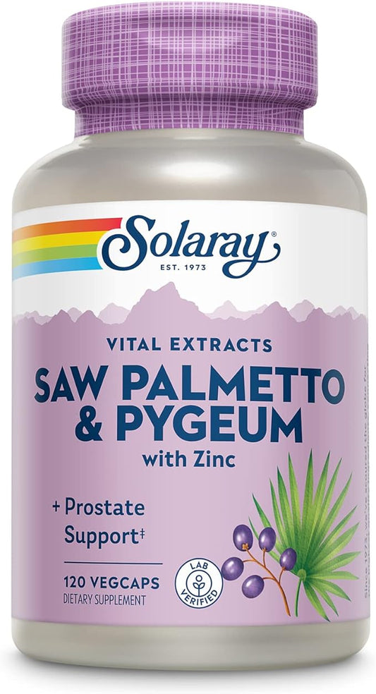 SOLARAY Saw Palmetto and Pygeum - Saw Palmetto for Men and Pygeum Bark - with Zinc, Vitamin B6, Pumpkin Seed and Amino Acids - Prostate Supplements for Men w/Beta Sitosterol (120 VegCaps)