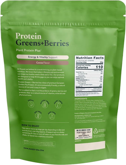 Nuzest – Protein Greens + Berries – Superfood Powder – Plant Protein Blend - 300g / 10.6 oz Pouch (10 Servings) (Cocoa, 300g)