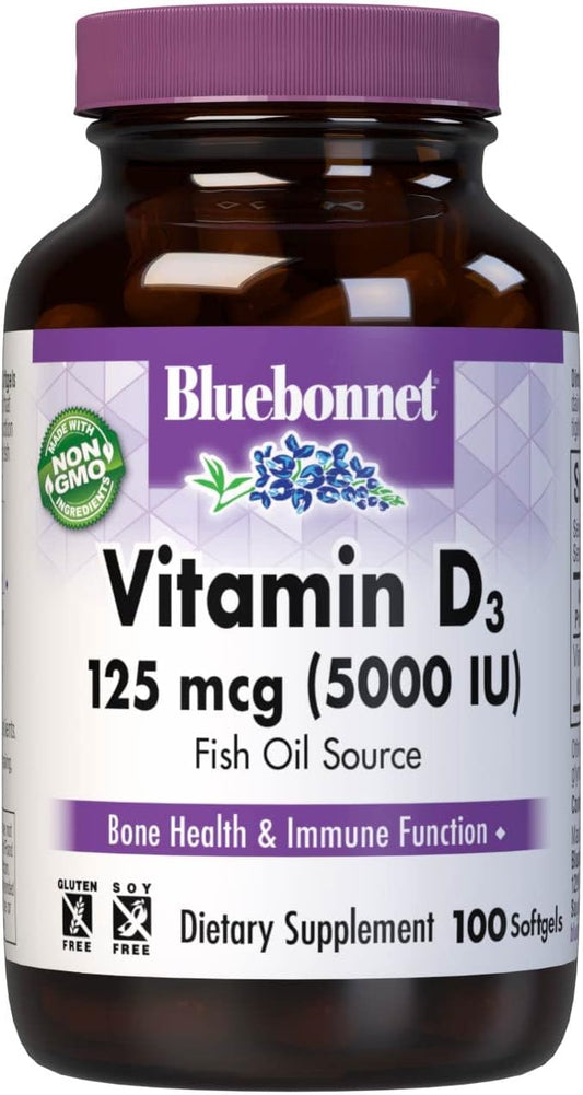 Bluebonnet Nutrition Vitamin D3 5000 IU Softgels, Aids in Muscle and Skeletal Growth, Cholecalciferol from Fish Oil, Non GMO, Gluten, Soy & Dairy Free, Yellow, 100 Count