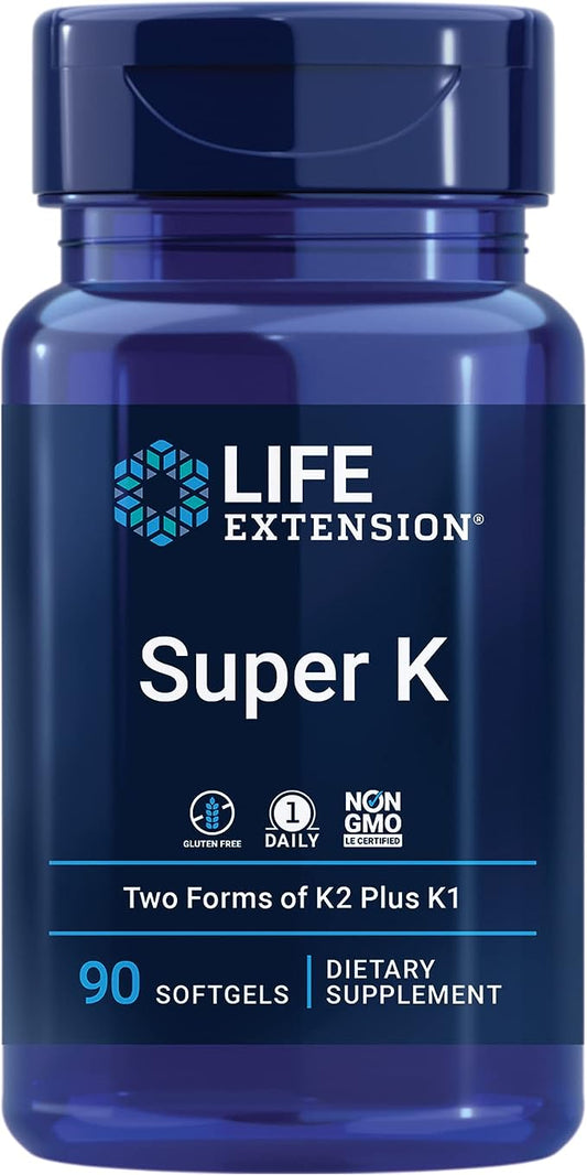 Life Extension Super K, vitamin K1, vitamin K2 mk-7, vitamin K2 mk-4, vitamin C, bone/heart/arterial health, 3-month supply, Gluten-Free, 1 Daily, Non-GMO, 90 softgels