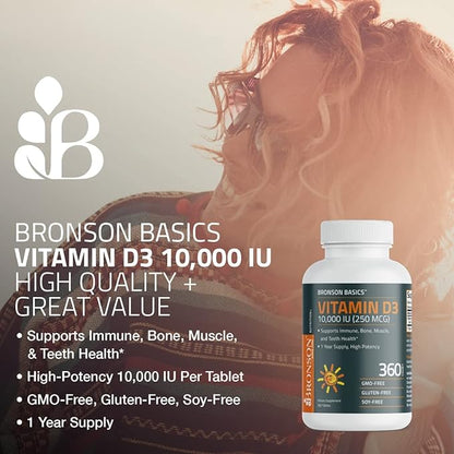 Bronson Vitamin D3 10,000 IU (250 MCG) for Healthy Muscle Function and Immune Support, Non-GMO, 180 Tablets