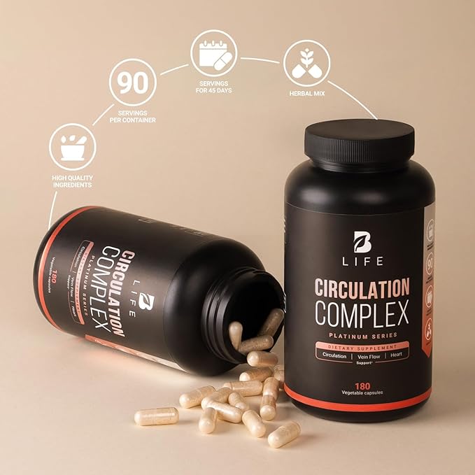 Butcher’s Broom, Horse Chestnut, L-Arginine and Resveratrol, Circulation Complex | 180 Caps - 45 Days | Made in USA by B Life. (CirculationUSA)