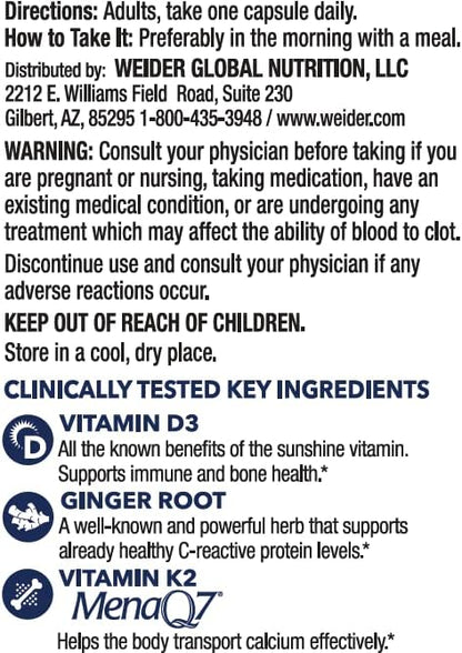 Weider Artery Health for Heart, Immune and Bone Support with Vitamin K2 (180mcg) & Vitamin D3 (5000iu), 30 Veggie Capsules