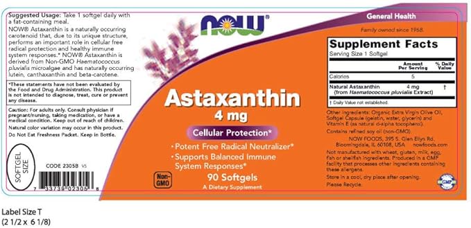 NOW Supplements, Astaxanthin 4 mg derived from Non-GMO Haematococcus Pluvialis Microalgae and has naturally occurring Lutein, Canthaxanthin and Beta-Carotene, 90 Softgels