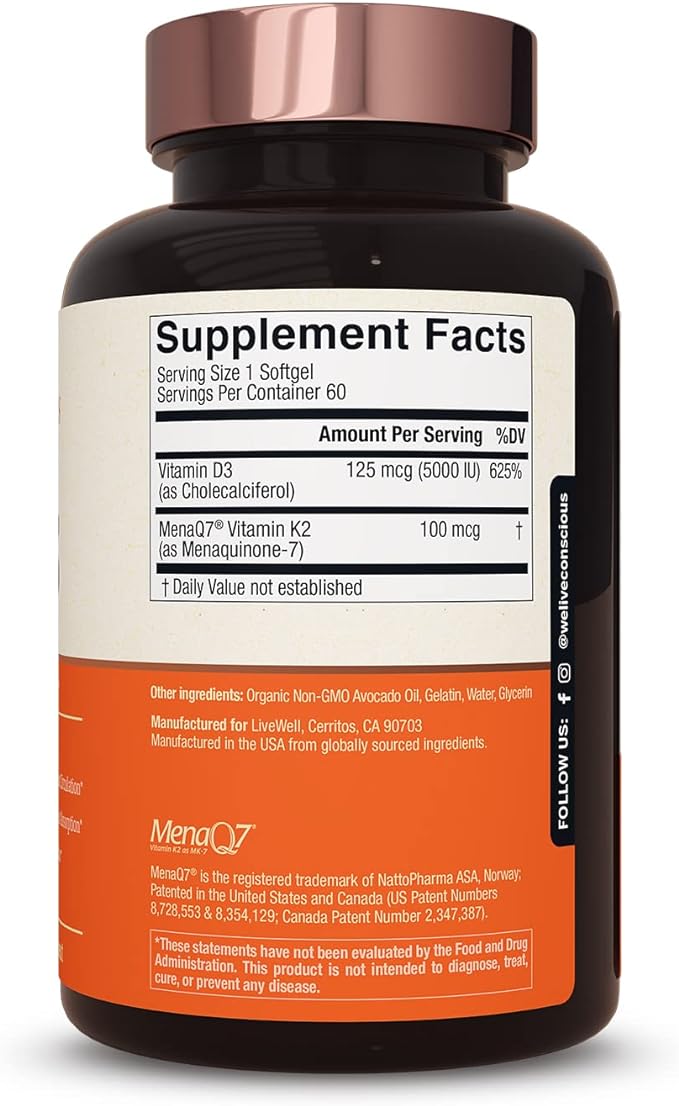 Live Conscious Vitamin K2 MK7 with D3 Supplement | Bone & Heart Health Support - Patented Vitamin K & Vitamin D3 5000 IU - 60 Softgels