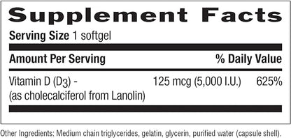 Country Life Vitamin D3, Non-Fish 5000 IU, 365 Softgels, Certified Gluten Free