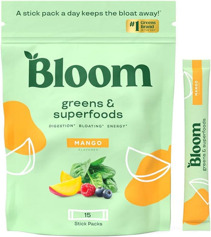 Bloom Nutrition Superfood Greens Powder Stick Packs, Digestive Enzymes with Probiotics and Prebiotics, Gut Health, Bloating Relief for Women, Chlorella, Green Juice Mix, 15 SVG, Mango