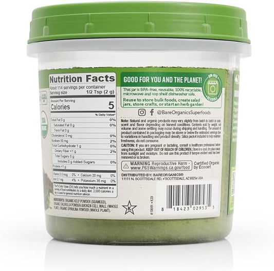 BareOrganics Marine Super Greens Powder | USDA Organic, Gluten-Free, Vegan, Non-GMO, BPA-Free | Kelp, Chlorella, Spirulina, 8oz