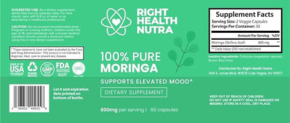 100% Pure Moringa 800mg - 60 Capsules - Dietary Supplement for Brighter Mood, Enhanced Concentration, and Fortified Memory - with Vitamins, Minerals, and Nourishing Nutrients