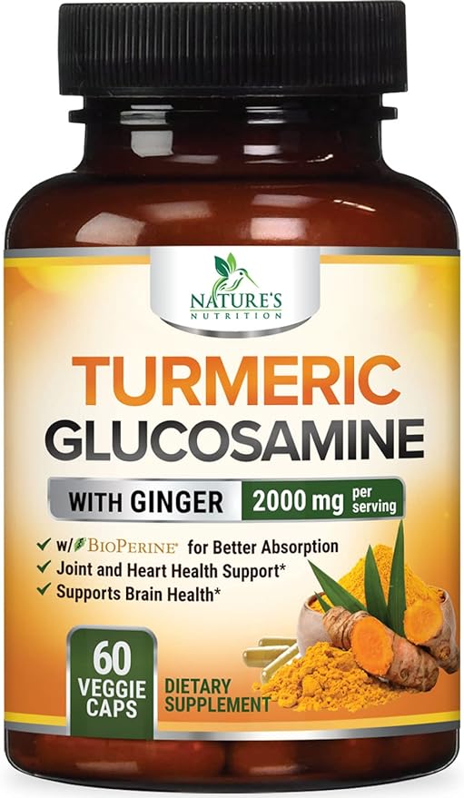 Turmeric Curcumin with BioPerine, Ginger & Glucosamine 95% Curcuminoids 2000mg Black Pepper for Max Absorption Joint Support, Nature's Tumeric Herbal Extract Supplement, Vegan, Non-GMO - 60 Capsules