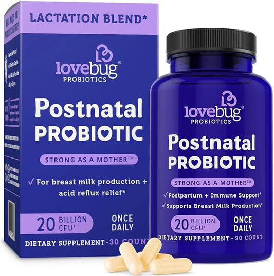 Lovebug Postnatal | Clinically Studied Ingredients for Breast Milk Production & Acid Reflux | Mental & Emotional Support | Glucose Support | Multi Strain 20 Billion CFU | 30 Capsules