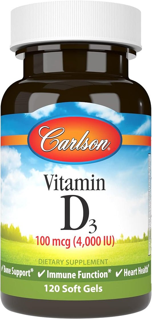 Carlson - Vitamin D3, 4000 IU (100 mcg), Vitamin D Supplements, Bone & Immune Health, Cholecalciferol Supplement, Gluten Free Vitamin D Capsules, 120 Softgels