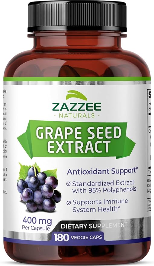 Zazzee High Strength Grape Seed 50:1 Extract, 20,000 mg Strength, 180 Vegan Capsules, 95% Polyphenols, 6 Month Supply, Concentrated, Standardized 50X Extract, 400 mg per Capsule, All-Natural, Non-GMO