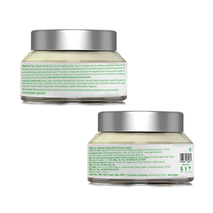 Acne Control Mattifying Day Cream: Green Tea & Moringa | For Men & Women | For Acne-prone Skin | Fights Pimples & Acne | 100% American Certified Organic | Sulphate & Paraben-free - 50g