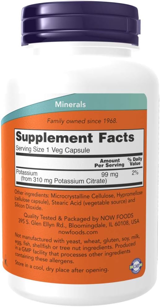 NOW Supplements, Potassium Citrate 99 mg, Supports Electrolyte Balance and Normal pH*, Essential Mineral, 180 Veg Capsules