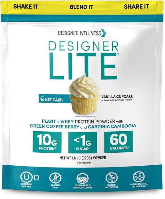 Designer Wellness, Designer Lite, Low Calorie Natural Protein, Prebiotic Fiber, Key Vitamins & Minerals, Vanilla Cupcake, 25.6 Ounces