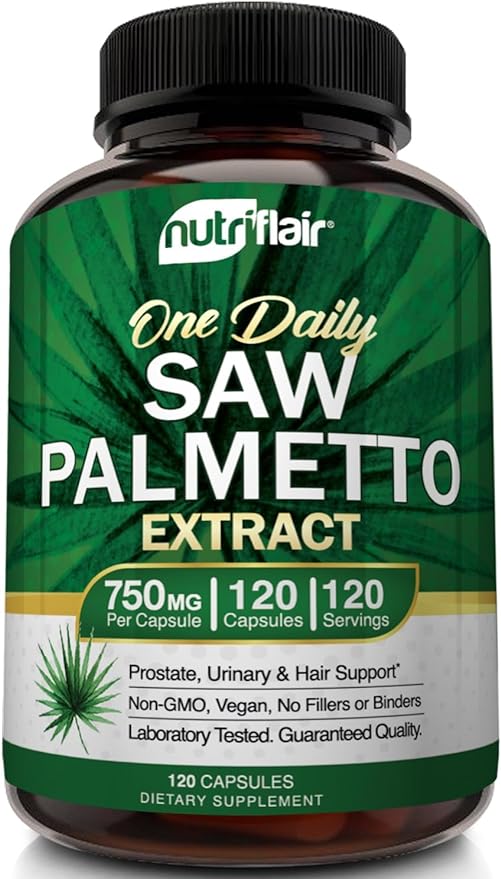 NutriFlair Saw Palmetto Extract 750mg, 120 Capsules - Natural Prostate Supplement & Berry Health Support - Helps Block DHT to Prevent Hair Loss and Helps Reduce Frequent Urination, for Women and Men