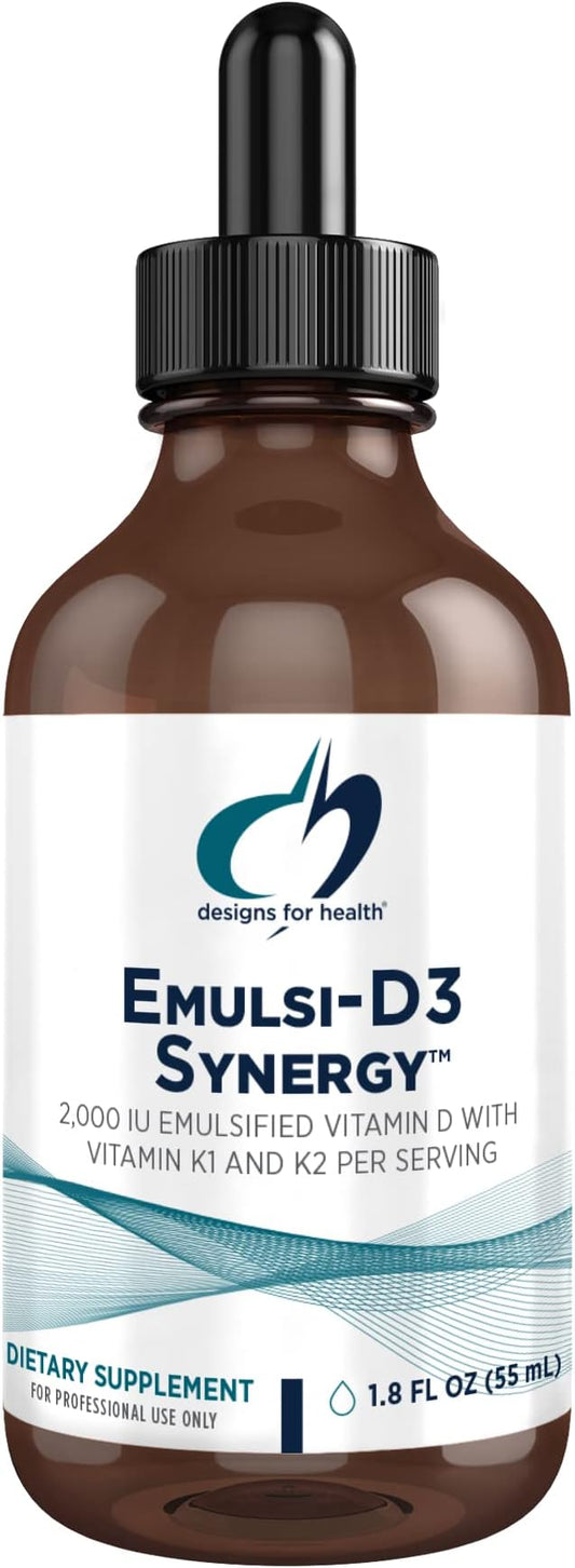 Designs for Health Emulsi-D3 Synergy 2000 IU Vitamin D Liquid with Vitamin K - Emulsified Liquid D3 K2 Drops for Immune System Support & Bone Health - Gluten-Free + Non-GMO (55 Servings / 1.8oz)