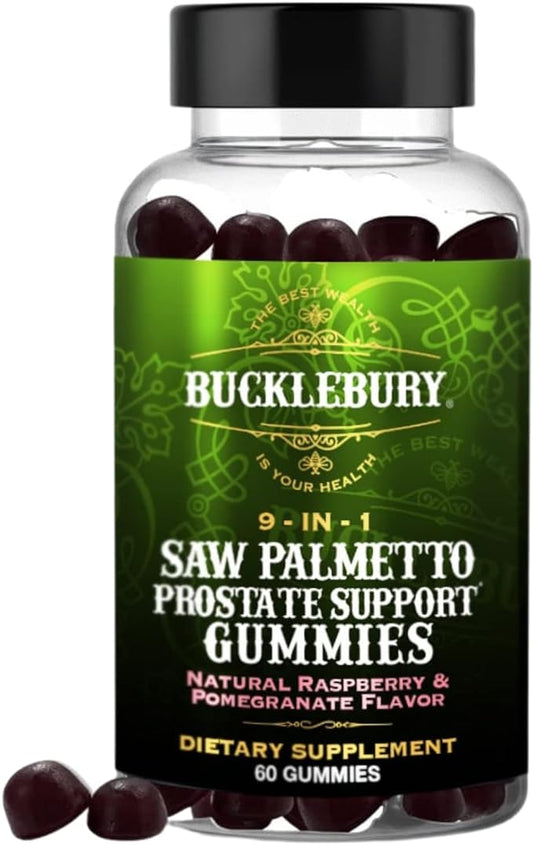 9-in-1 Saw Palmetto Gummies for Prostate and Urinary Support - Natural Raspberry and Pomegranate Flavour Plant-Based Dietary Supplement for Bladder Emptying and Hair Loss - 60 Gummies