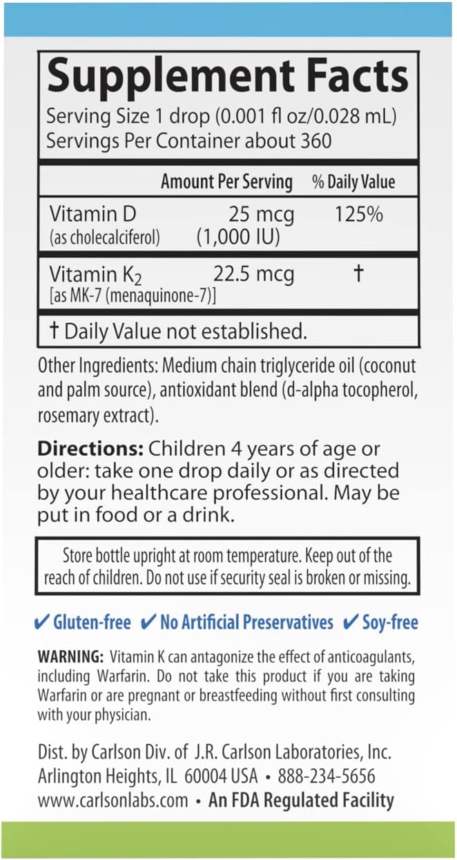 Carlson - Kid's Super Daily D3+K2, 25 mcg (1,000 IU) D3 & 22.5 mcg K2, Vitamin D Drops with Vitamin K2, Liquid Vitamins, 1000 IU Vitamin D3, Heart & Bone Health, 1-Year Supply, Unflavored, 360 Drops