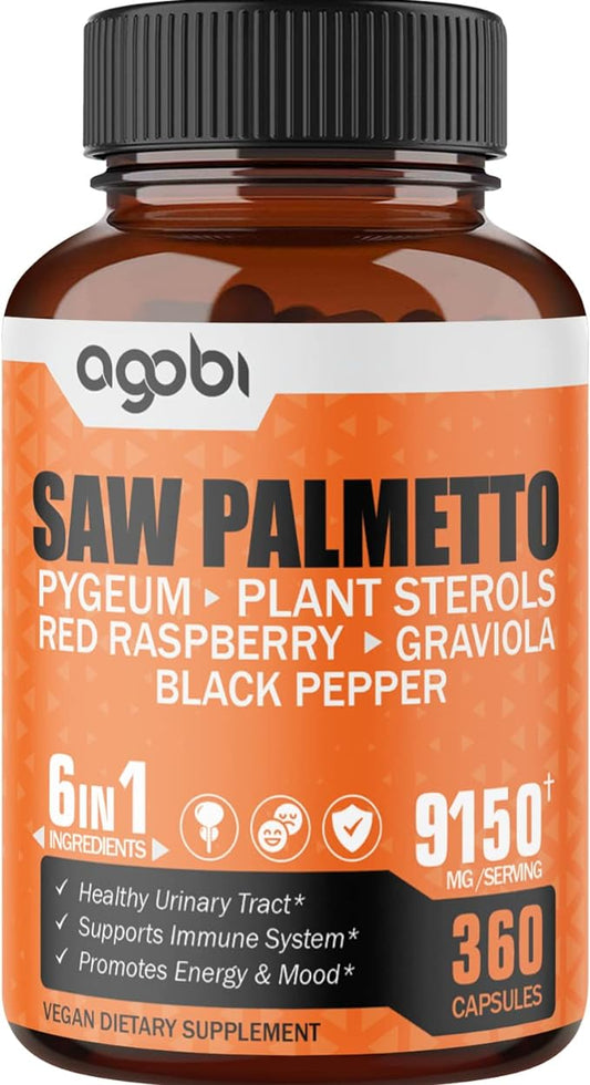 One Year Supplement - 6in1 Saw Palmetto Berry Extract Capsules - Equivalent to 9150 mg - Hair Growth for Men, Women & Support Prostate, Energy - with Pygeum, Red Raspberry, Graviola & More