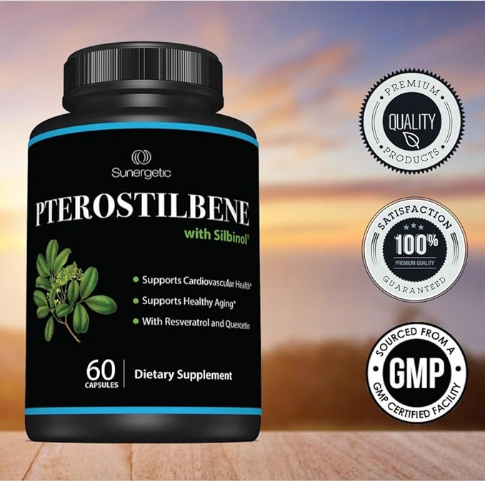 Premium Pterostilbene Supplement – Pterostilbene with Resveratrol & Quercetin – Supports Healthy Aging – Natural Source Pterostilbene 100mg per Serving – 60 Capsules