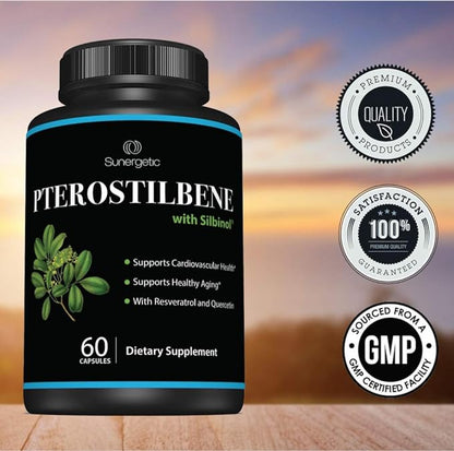 Premium Pterostilbene Supplement – Pterostilbene with Resveratrol & Quercetin – Supports Healthy Aging – Natural Source Pterostilbene 100mg per Serving – 60 Capsules