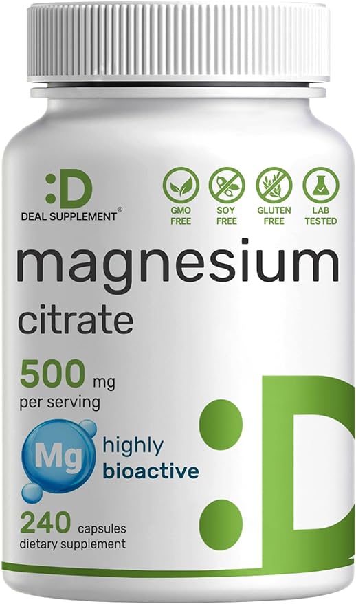 DEAL SUPPLEMENT Magnesium Citrate 500mg, 240 Capsules | Easily Absorbed, Purified Trace Mineral – Muscle, Heart, & Digestive Support – One a Day, Non-GMO