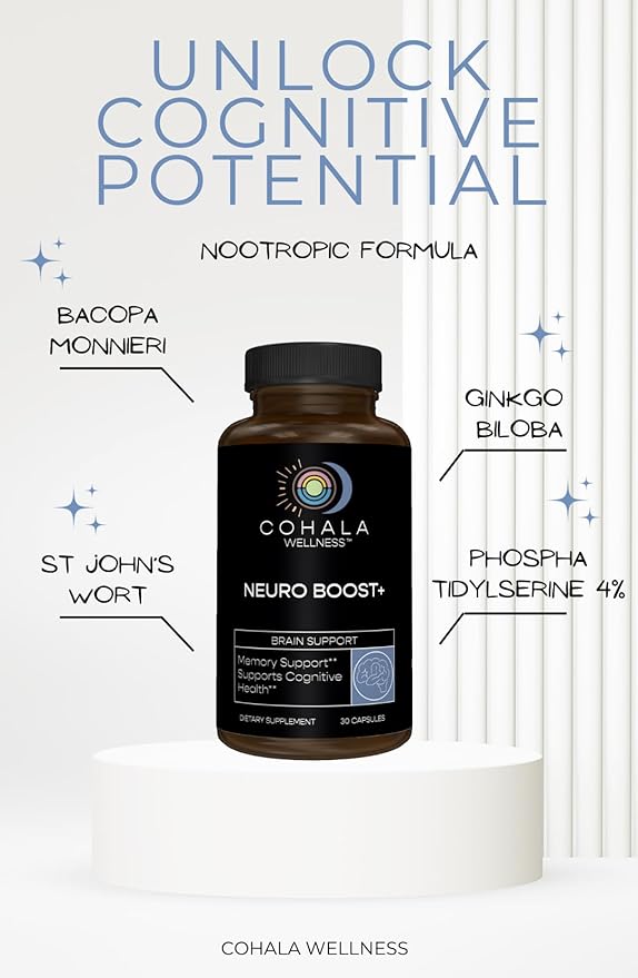 Neuro Boost+ Nootropic Brain Supplement - Cognitive Health Clarity, Focus & Memory - Bacopa Monnieri Ginkgo Biloba Phosphatidylserine - 30 Capsules