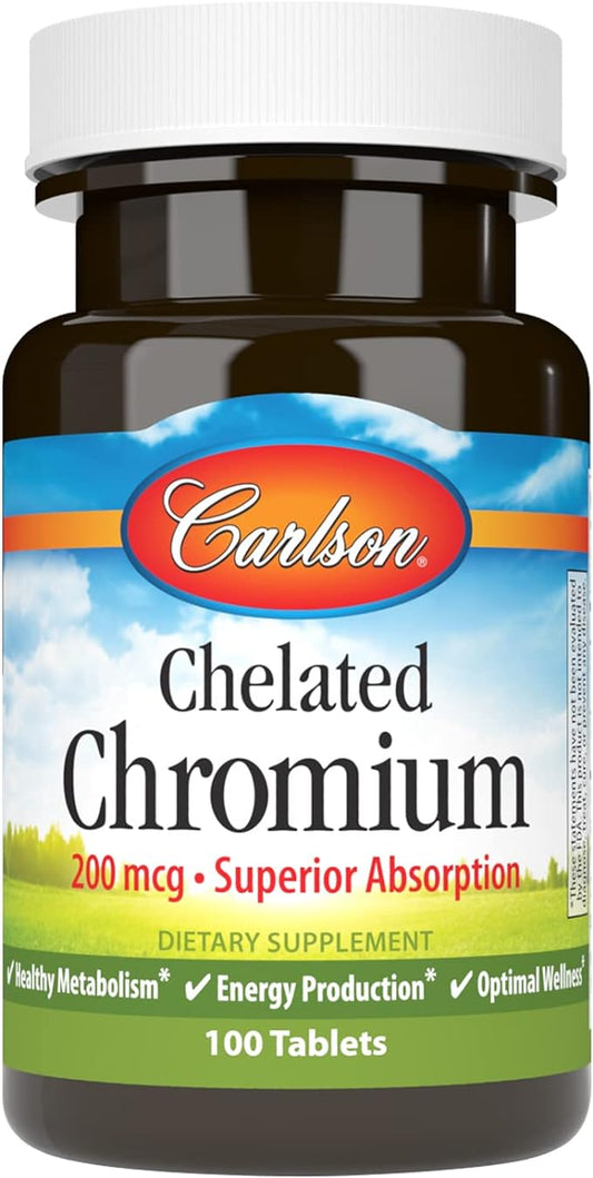 Carlson Chelated Chromium 200 mcg Superior Absorption - Healthy Metabolism Energy Production & Optimal Wellness - 100 Tablets