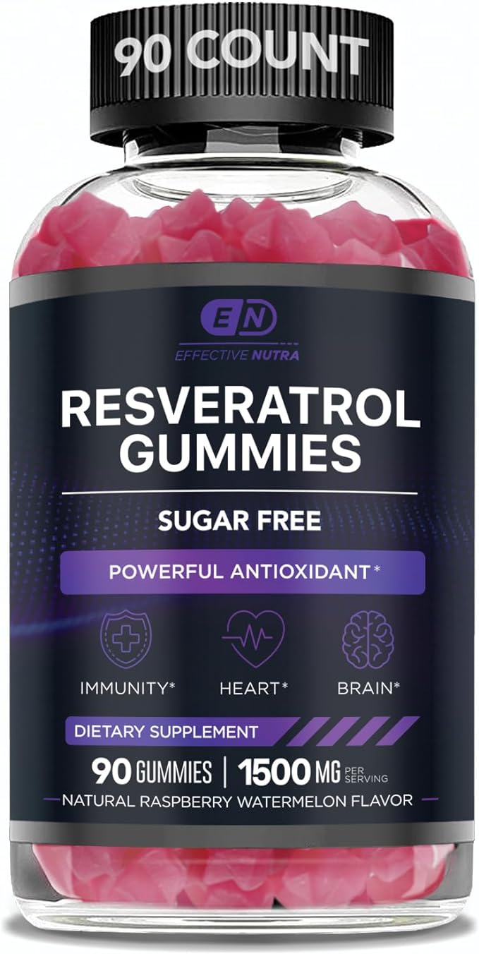 Resveratrol Gummies 1500mg - Sugar Free Resveratrol Supplement for Antioxidant Support, Immunity, Heart Health, Brain Function - Natural Raspberry Watermelon Flavor (90 Count)