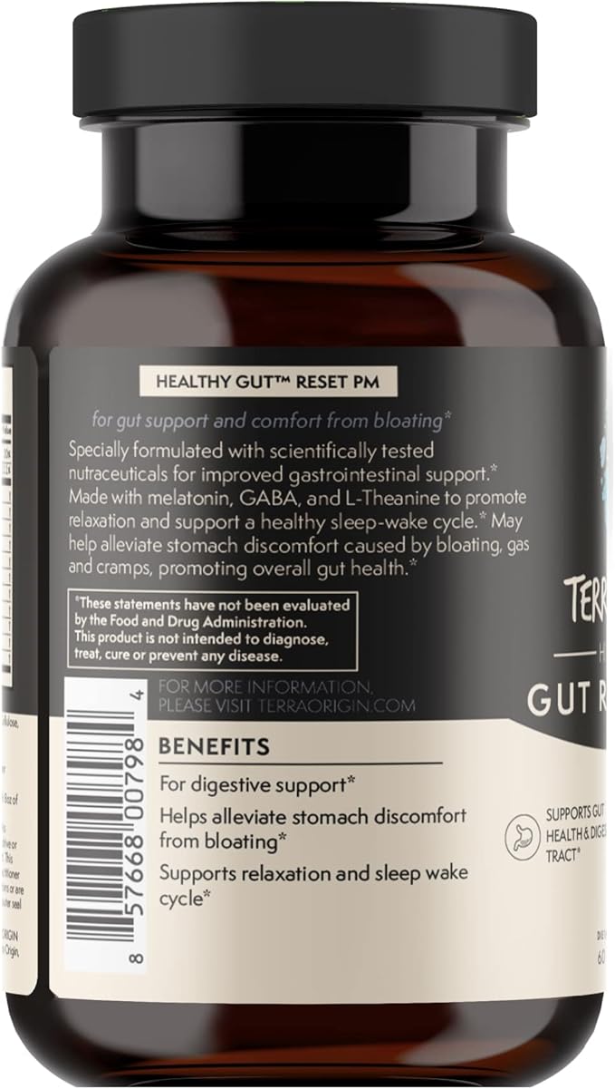 TERRA ORIGIN Healthy Gut Reset PM | 60 Veggie Caps | Supports Gut Health and Relaxation + Sleep-Wake Cycle | L-Glutamine, Licorice Root, Slippery Elm Root, Melatonin and More!