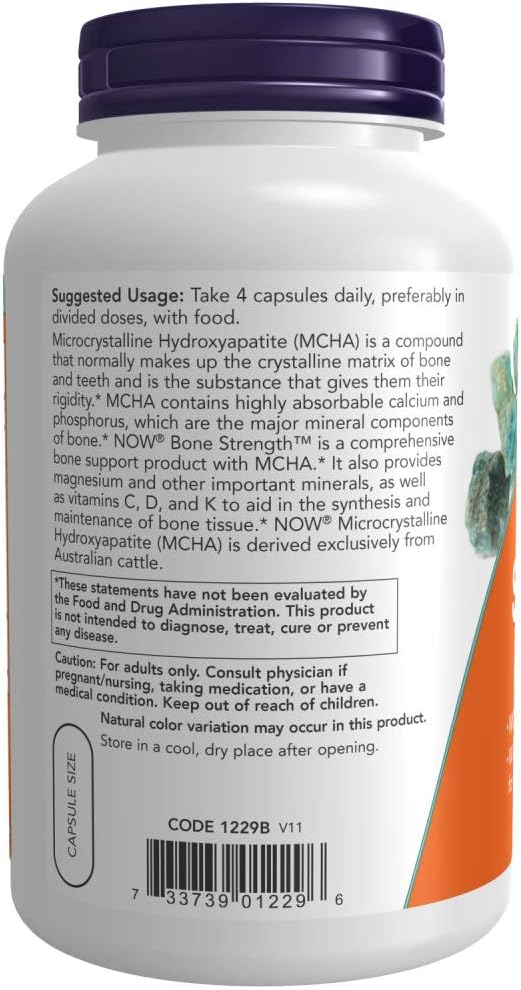 NOW Supplements, Bone Strength™ with Microcrystalline Hydroxyapatite (MCHA), Magnesium and Vitamins C,D and K, 240 Capsules