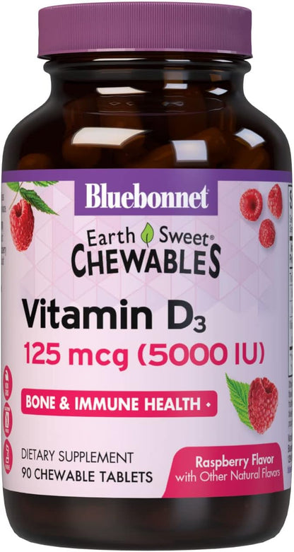 Bluebonnet Nutrition Earth Sweet Vitamin D3 5000 IU Chewable Tablets, Aids in Muscle & Skeletal Growth, Non GMO, Gluten & Soy & Milk Free, Kosher, Raspberry, White, 90 Count