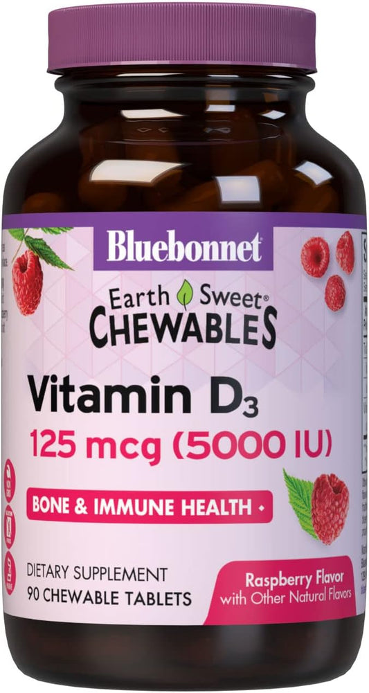 Bluebonnet Nutrition Earth Sweet Vitamin D3 5000 IU Chewable Tablets, Aids in Muscle & Skeletal Growth, Non GMO, Gluten & Soy & Milk Free, Kosher, Raspberry, White, 90 Count