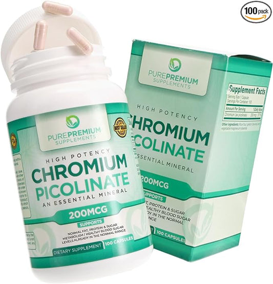 PurePremium Chromium Picolinate 200mcg - High Potency Chromium Supplements - Essential Mineral Health Support for Men & Women - Gluten-Free - 3 Months Supply - 100 Capsules