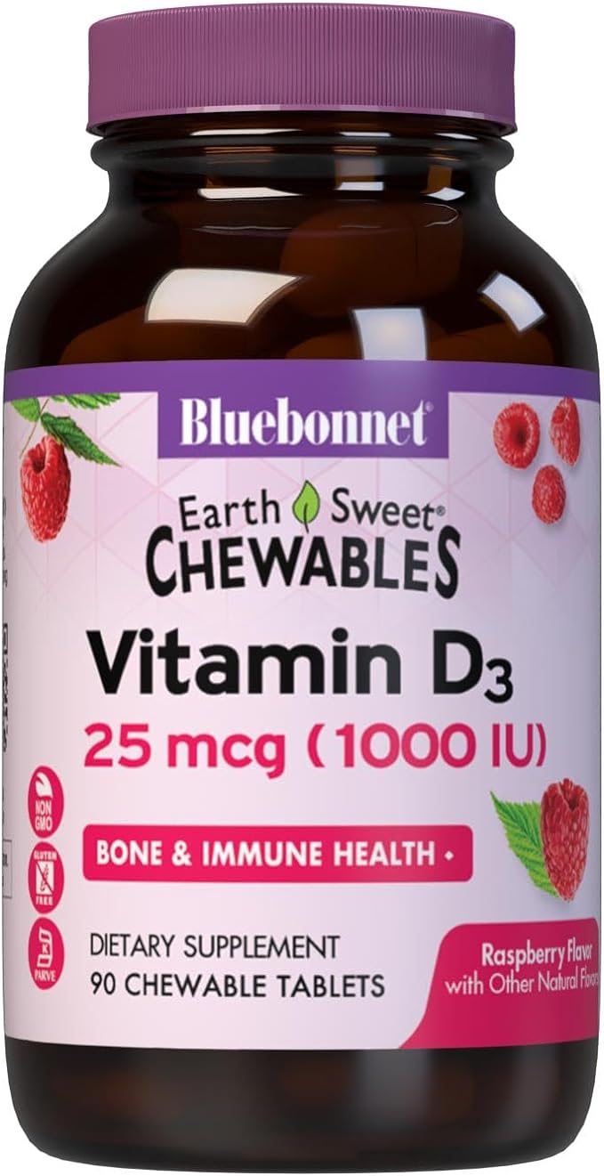 BlueBonnet Nutrition Earth Sweet Vitamin D3 1000 IU Chewable Tablets, Raspberry, 90 Count