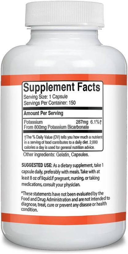 Unpretentious Potassium Bicarbonate (150 Caps), Dietary Supplement, No Fillers, Lab Verified