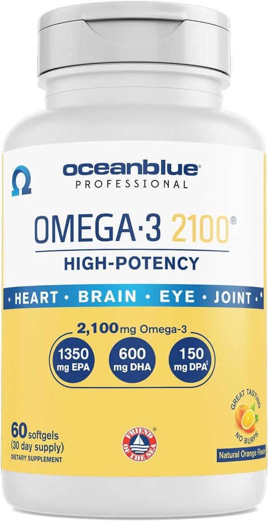 OceanBlue Professional Omega-3 2100-60 Count - High-Potency Triple Strength Burpless Fish Oil Supplement with EPA, DHA & DPA - Orange Flavor, 30 Servings