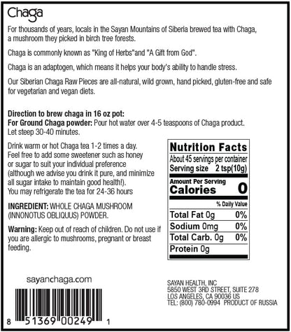 Sayan Siberian Raw Ground Chaga Powder 1 Lbs (454g) - Wild Forest Mushroom Tea, Powerful Adaptogen Antioxidant Supplement - Support for Immune System and Digestive Health