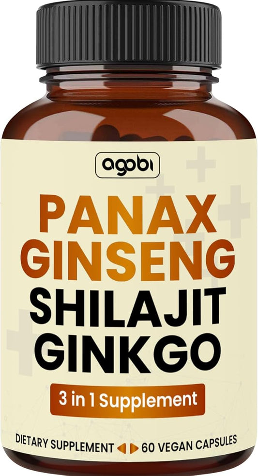 agobi Panax Ginseng Supplement with Shilajit & Ginkgo - 60 Vegan Capsules - Super Concentrated Formula for Energy Production, Brain Health, Focus & Concentration Support - Gluten-Free, Non-GMO