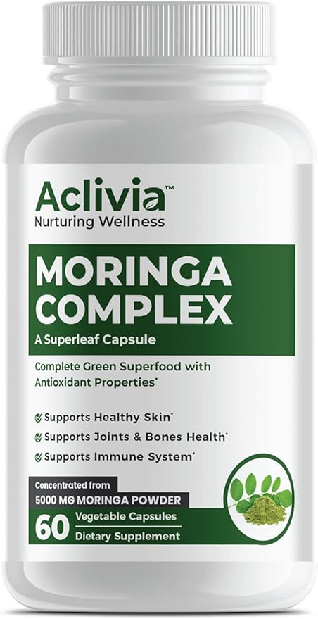 Moringa Complex with Oleifera Leaf & Seed Extract, Potent Strength 5000 mg per Serving, Complete Green-Based Superfood with Antioxidant Properties