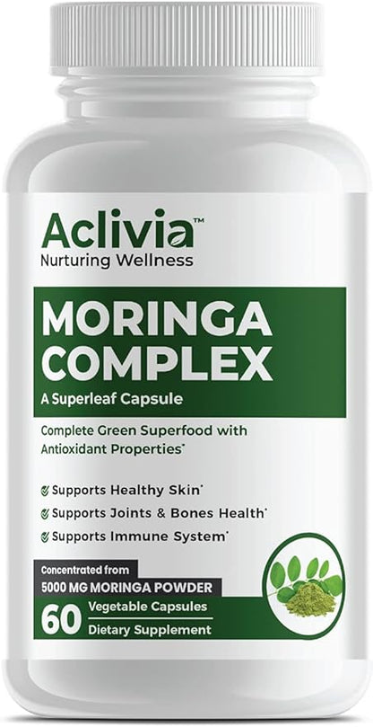 Moringa Complex with Oleifera Leaf & Seed Extract, Potent Strength 5000 mg per Serving, Complete Green-Based Superfood with Antioxidant Properties