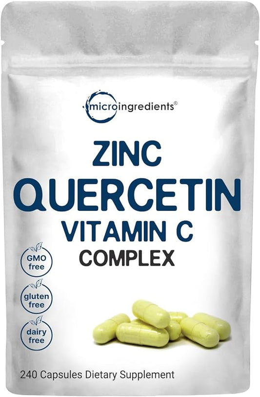 Micro Ingredients Quercetin with Vitamin C and Zinc, 240 Capsules | Quercetin 500mg, Vitamin C 500mg, Zinc 50mg (Picolinate, Citrate, Glycinate, Gluconate) | Complete Immune Support Supplements