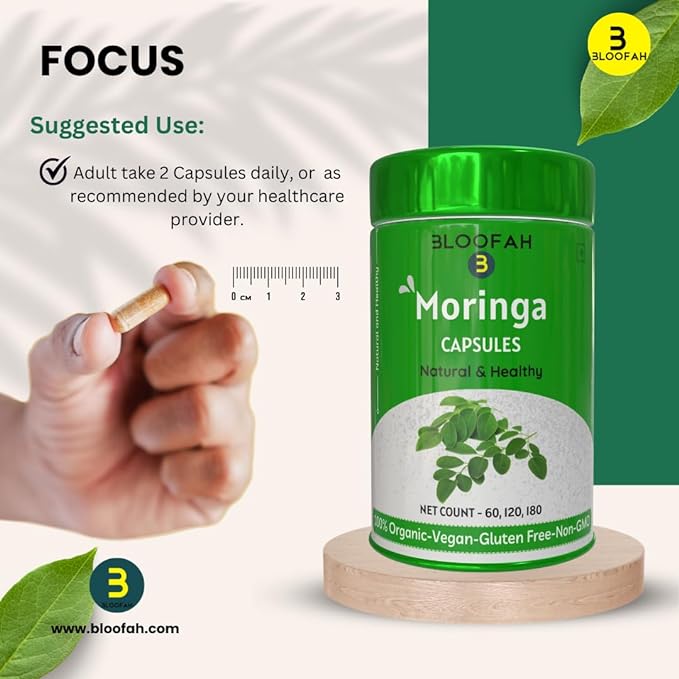 Moringa Oleifera Capsules 500mg - 60 Count |100% Pure Leaf Powder - 1 Month Supply | Nutrient-Rich Vegetarian Green Superfood, Natural & Healthy, Non GMO & Gluten Free Formula