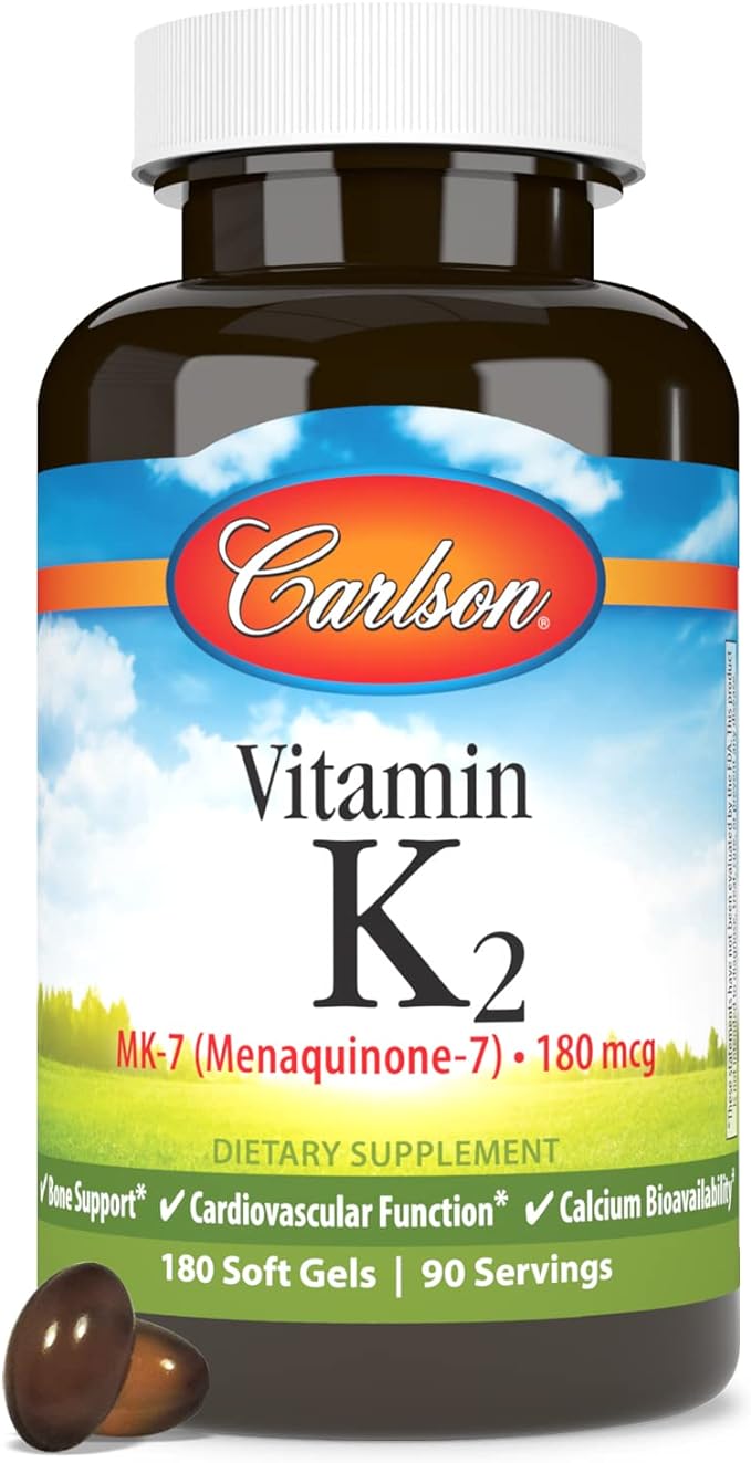 Carlson - Vitamin K2 MK-7 (Menaquinone), 180 mcg, Bone Support, Calcium Bioavailability, K2 Vitamin, Vitamin K-2, 180 Softgels