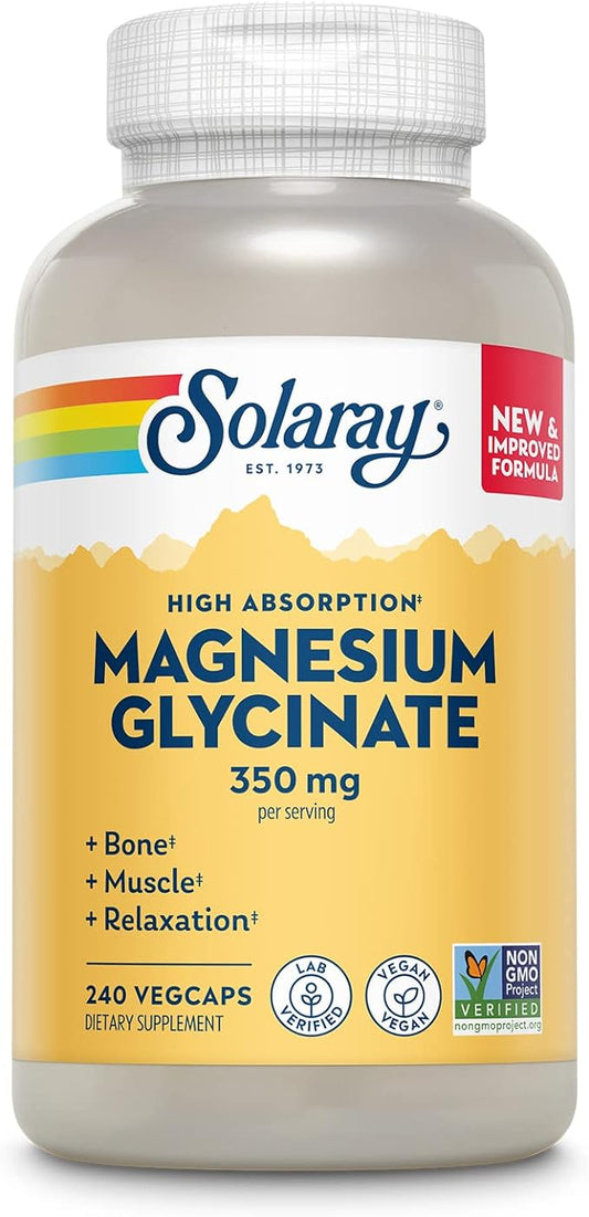 Solaray Magnesium Glycinate, New & Improved Fully Chelated Bisglycinate with BioPerine, High Absorption Formula, Stress, Bones, Muscle & Relaxation Support, 60 Day Guarantee, 60 Servings, 240 VegCaps